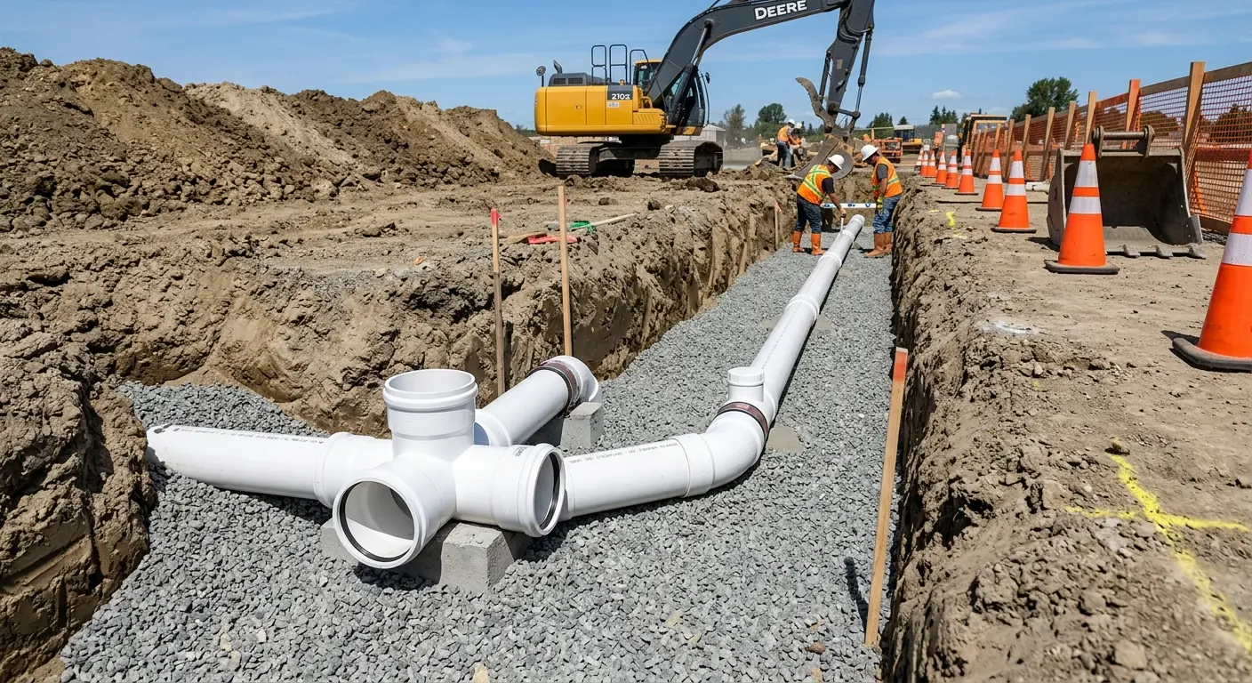 New PVC sewer pipe installation in open trench for Sewer Backup in Mountlake Terrace