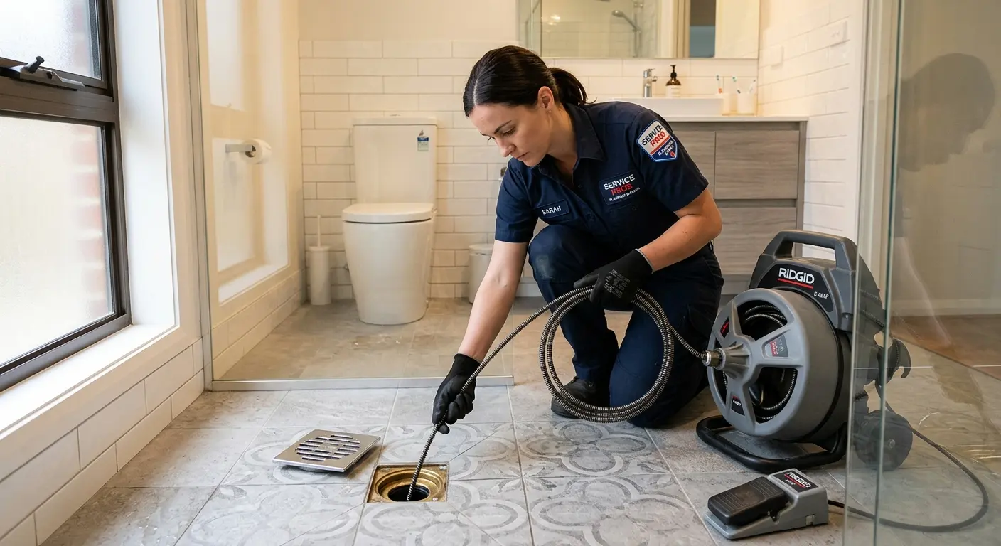Technician clearing a bathroom floor drain for Drain Cleaning in Mountlake Terrace